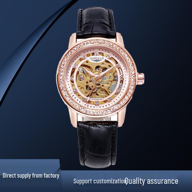 LONGLUX Women's Fashion Skeleton Automatic Watch with Water Resistance and Diamond Accents