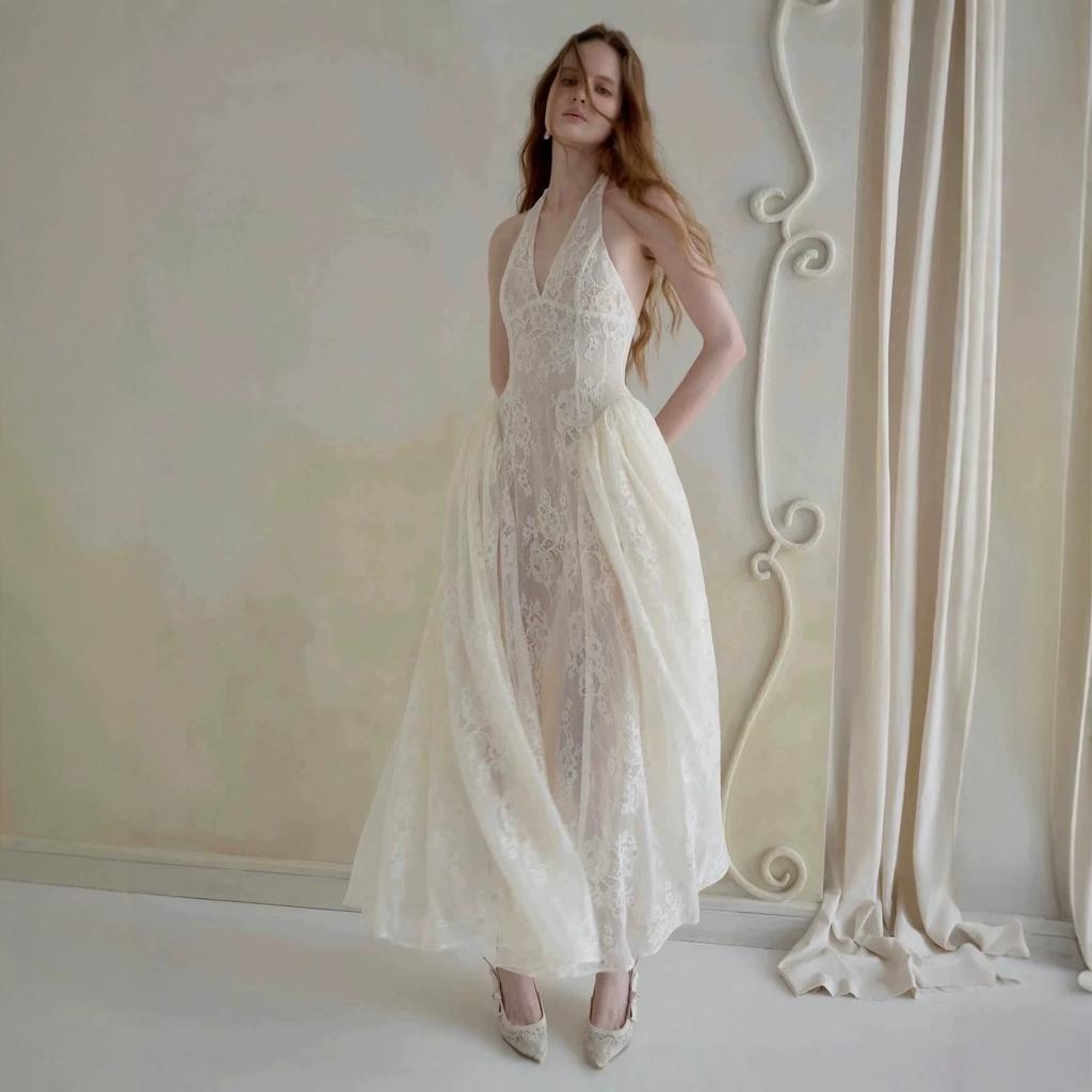 Mori light wedding dress, neck V-neck halter, fishbone girdle waist perspective lace long pendulum fairy dress