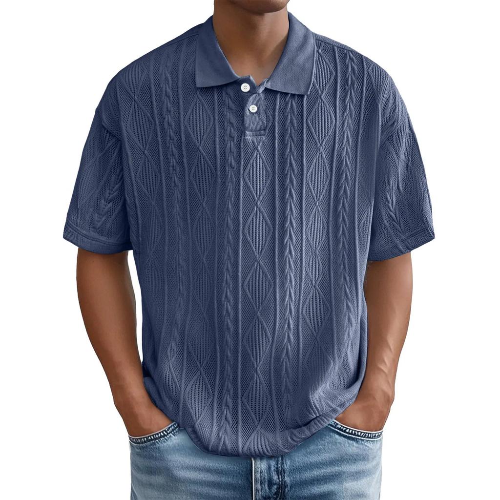 Casual  Shirts For Men Jacquared Texture Short Sleeve Tshirts Summer Loose Fit Breathable Outdoor Tops Plus Size