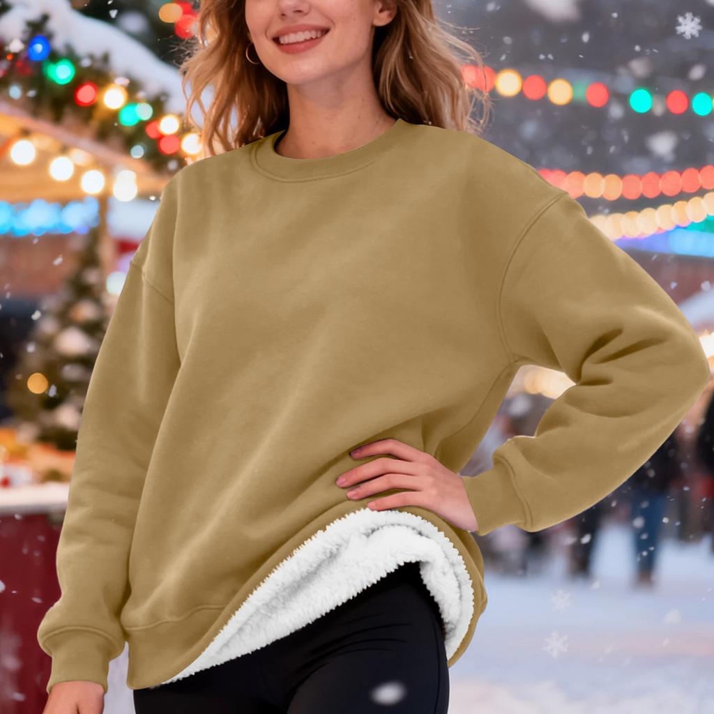 Damen Casual Fashion Rundhals Pullover Top Winter Einfarbig Plüsch Sweatshirt