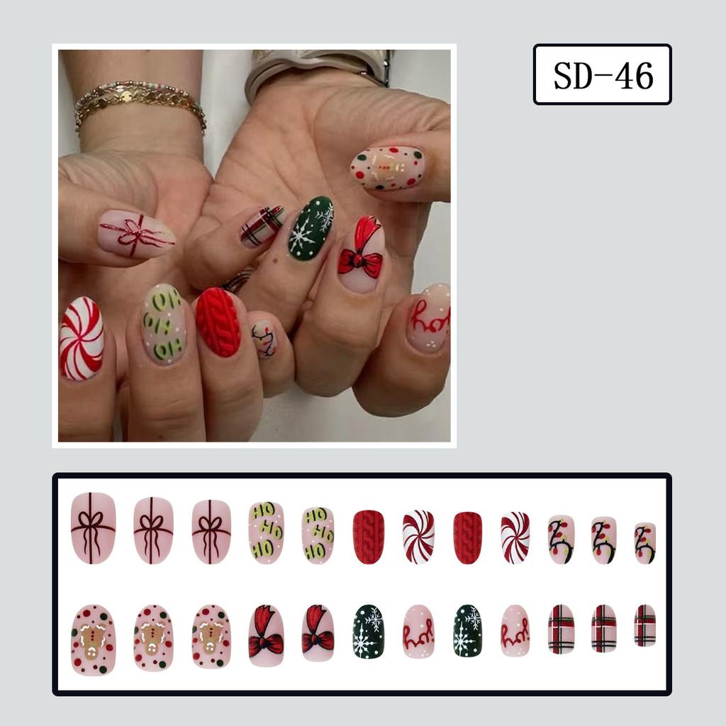 24 ks Vánoční umělé nehty Červené Bílé Pruhy Vločka Cukrová Hůl Vzor Francouzské Umělé Nehty Zelená Mašle Manikúra Nositelné Lisovací Nehty