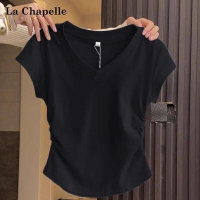 La Chapelle 2025 Damen V-Ausschnitt Falten Slim-Fit Kurzarm T-Shirt