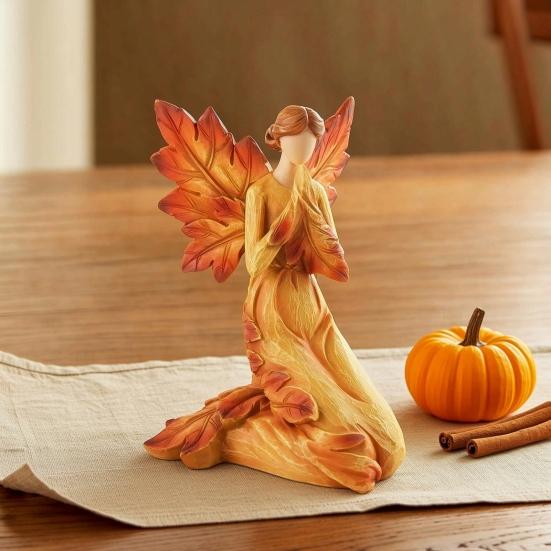 Maple Leaf Female Sculpture, Resin Prayer Angel Statue for Fall Thanksgiving, Home Office, Living Room, Church, Desktop Decoration