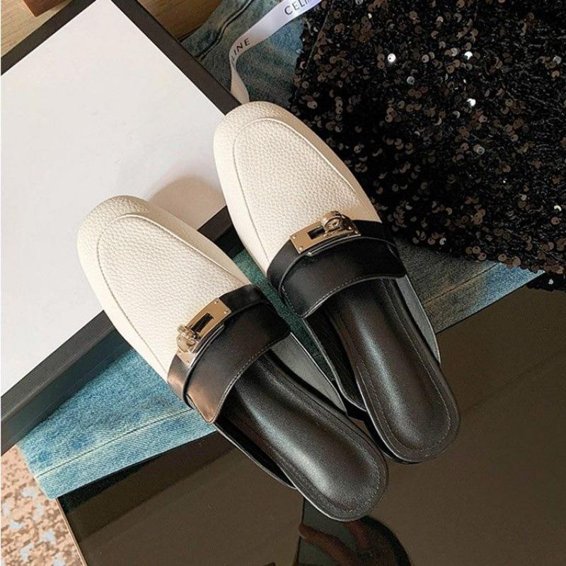 

Baotou half slippers women s outer wear women s summer color matching lychee pattern cool slippers low-heeled lazy shoes round head Muller single shoe 35