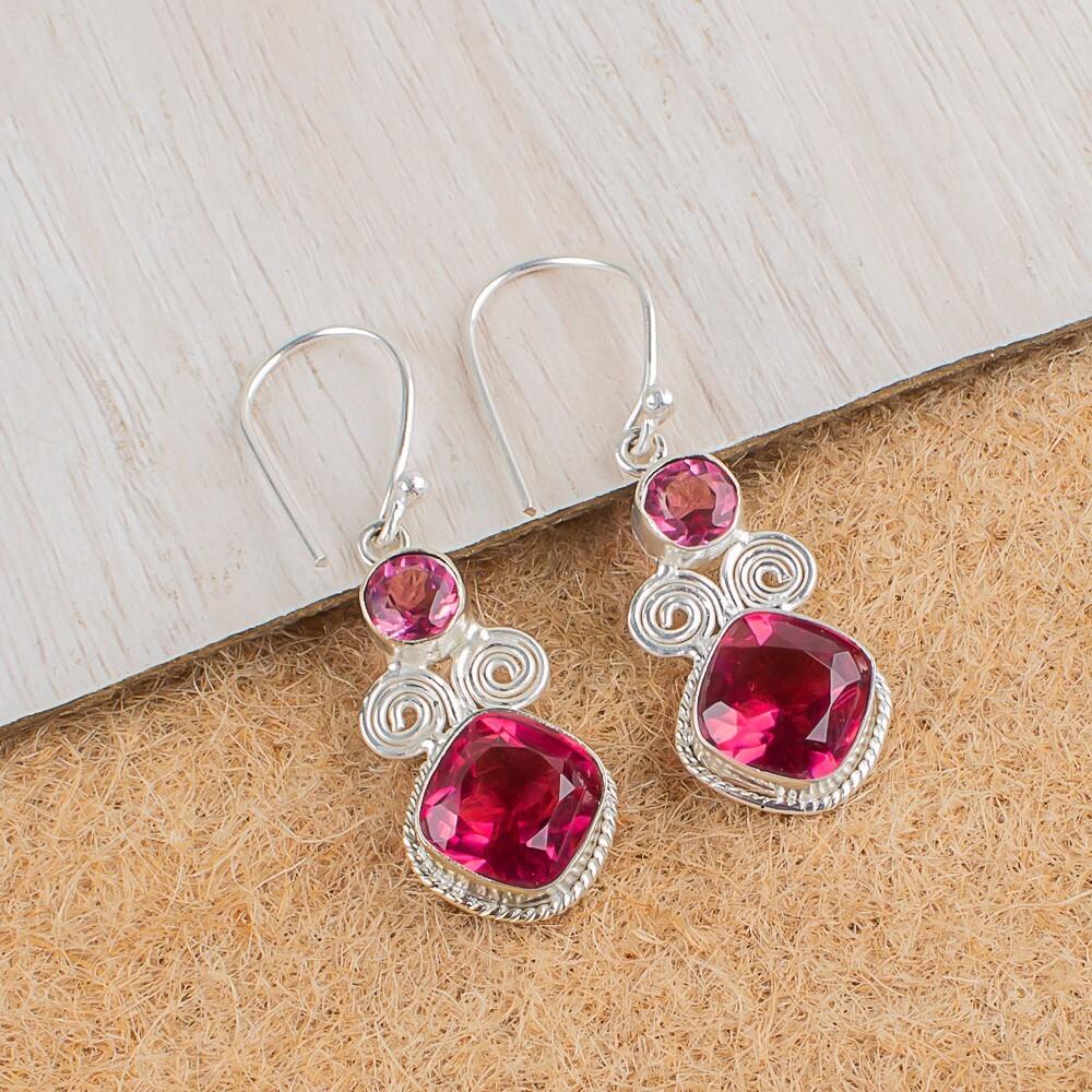 Pink Tourmaline Gemstone 925 Sterling Silver Handcrafted Jewelry Earrings 1.12" EE-69-17