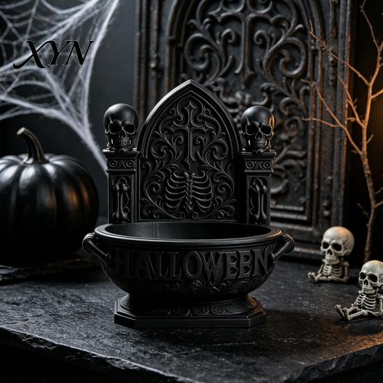 Gothic Skull Candy Bowl Halloween Cathedral Bowl, 3D Printed Spooky Dark Storage Matte Black Desk Organizer Dish, Desktop Snack Serving Tray for Home