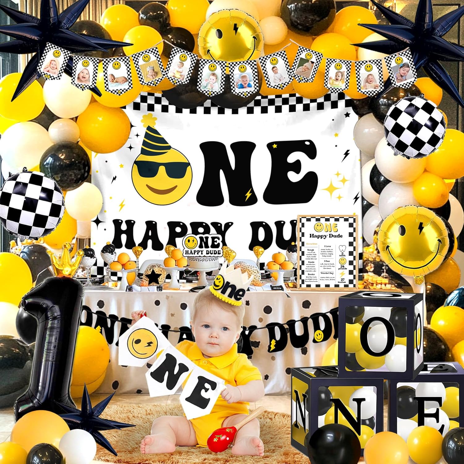 One Happy Dude Birthday Decorations, One Happy Dude 1st Birthday Party Decoration, Backdrop Balloons Garland Monthly Photo Highchair Banner Balloon