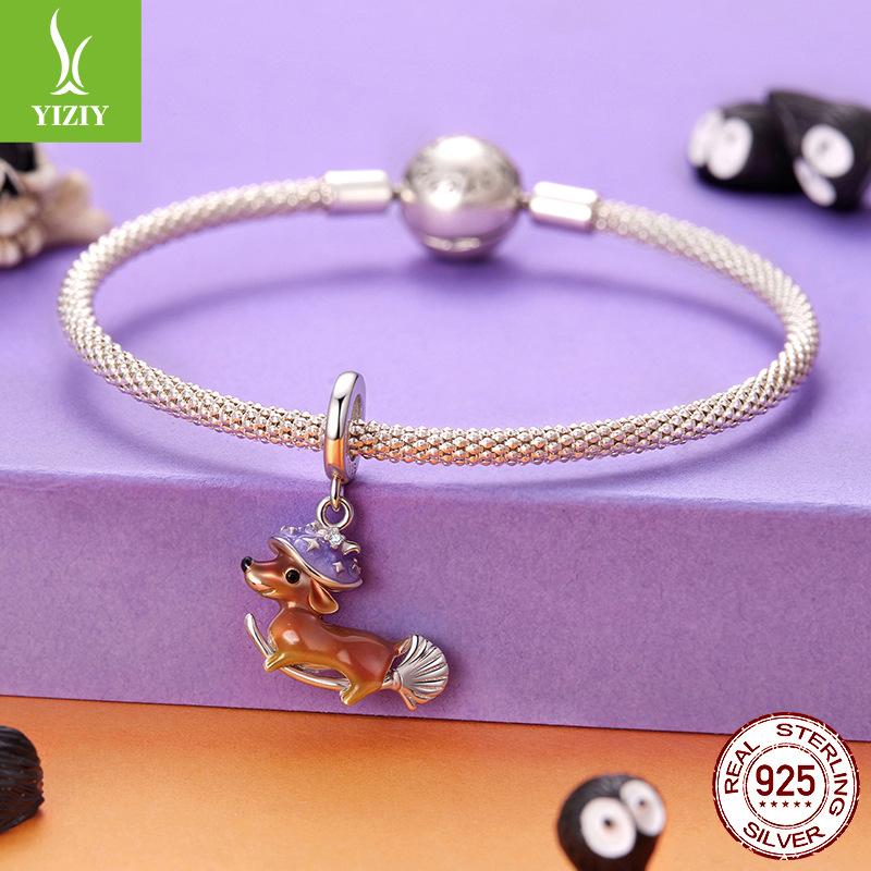 Halloween Magic Dachshund Pendant Accessories Personalized Cute Broom S925 Sterling Silver Beaded