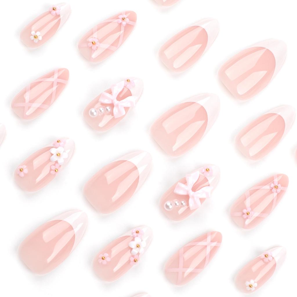 24 Stücke Süße Rosa Schleife Nail art Blume Französisch Weiß Tragen Versetzt Gestreiften Nagel Stück