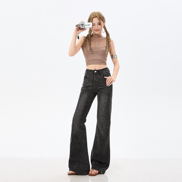 Spring new heavy industry hot diamond slightly pulled jeans women's small high waist elastic thin versatile bell pants