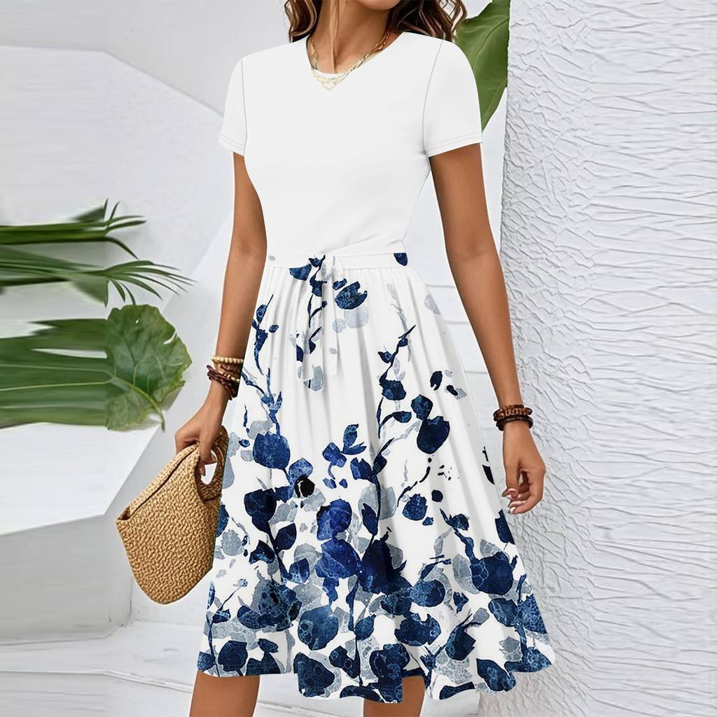 Women's Casual Fashion Belted Floral Printed Short Sleeve Round Neck Elegant Flowing Dress