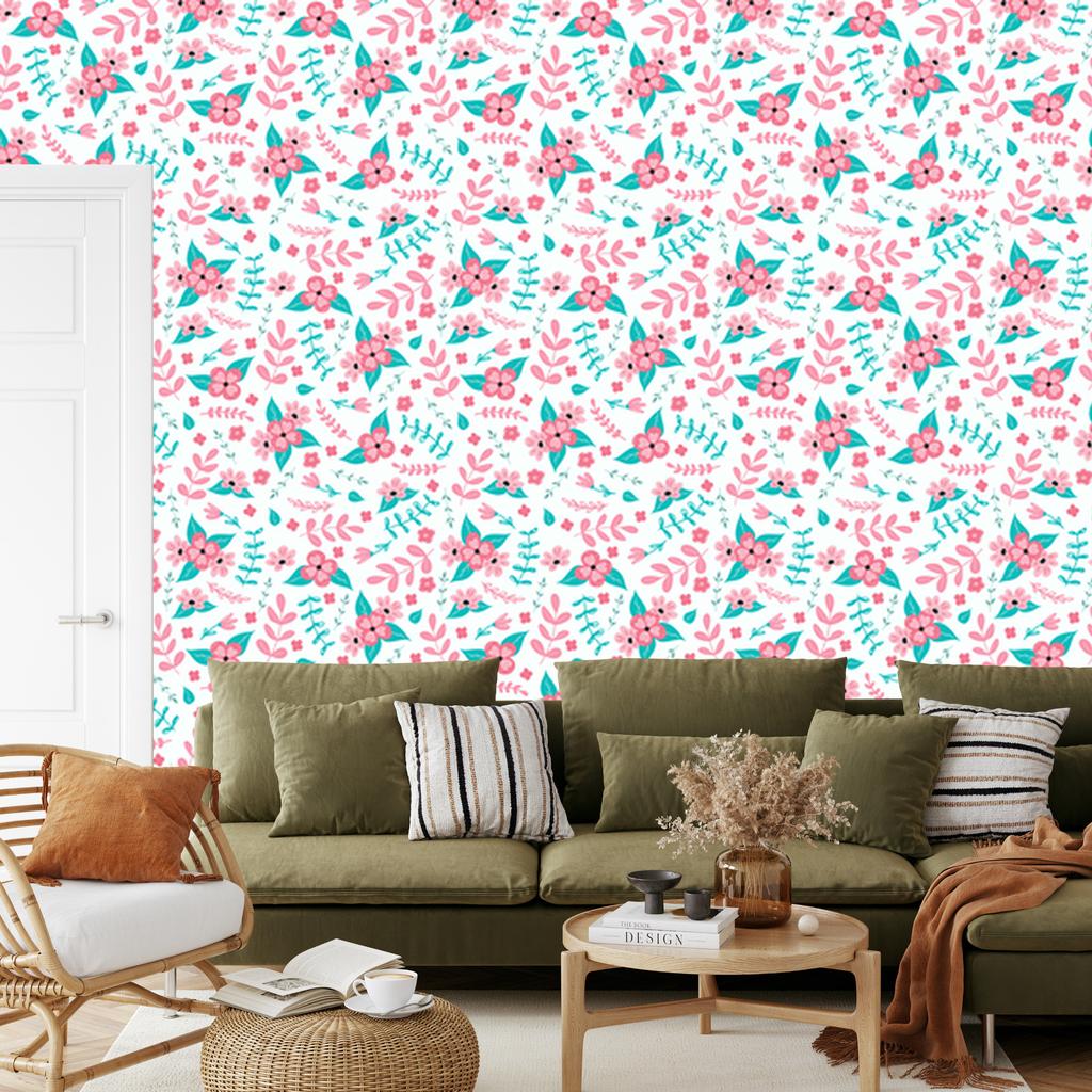 Wallpaper Flowers White, Powder Pink and Celadon for Living Room and Bedroom 50x1000