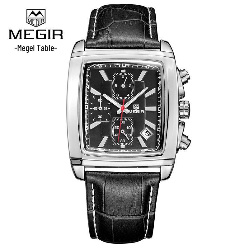 Megir 2028 Fashionable Retro Men's Chronograph Square Leather Watch