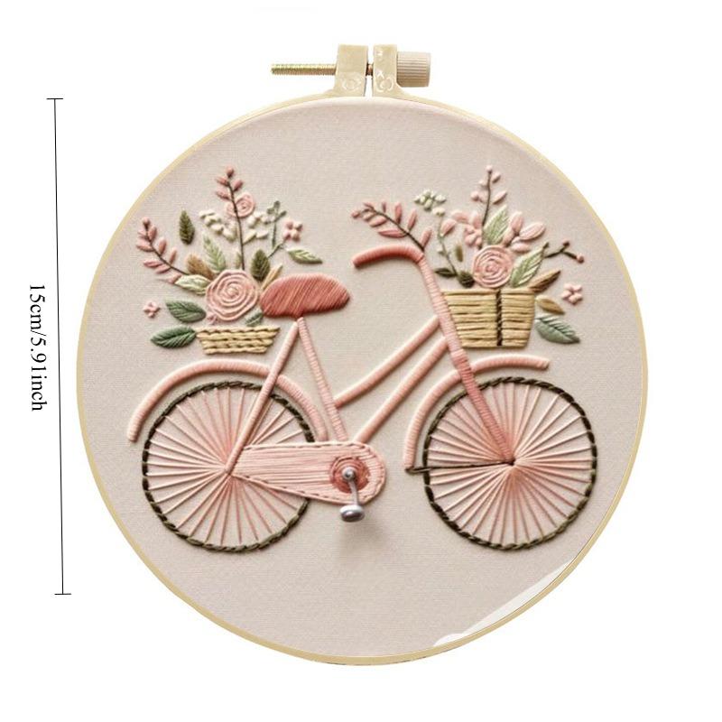 1pc House, Bicycle, and Flower Pattern Embroidery DIY Fabric Craft Kit with Tools