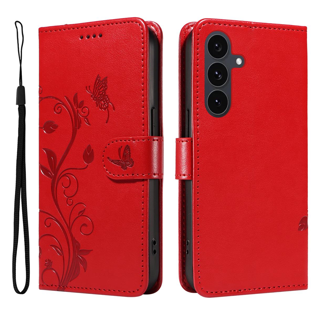 

For Samsung Galaxy S25 FE PU Leather Cases Flower Pattern Wallet Stand Phone Cover with Strap Red