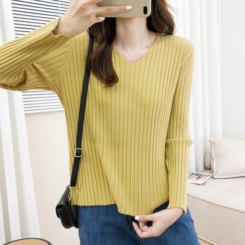 Autumn/Winter Knitwear Sweaters Women’s V-neck Pit Strip Pullover Long Sleeves Bottom Top Casual Knitted Sweater