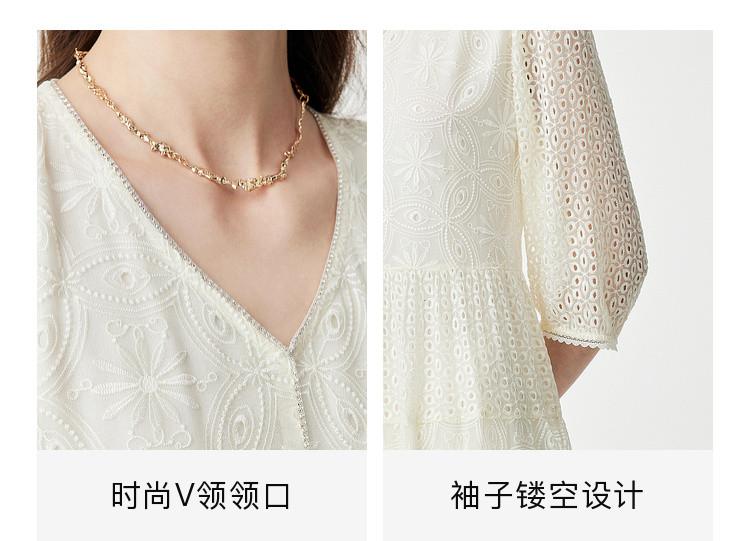 100% Mulberry Silk] Spring and Summer V-neck Elegant Hollow Embroidery Loose and Slimming Silk Dress for Women