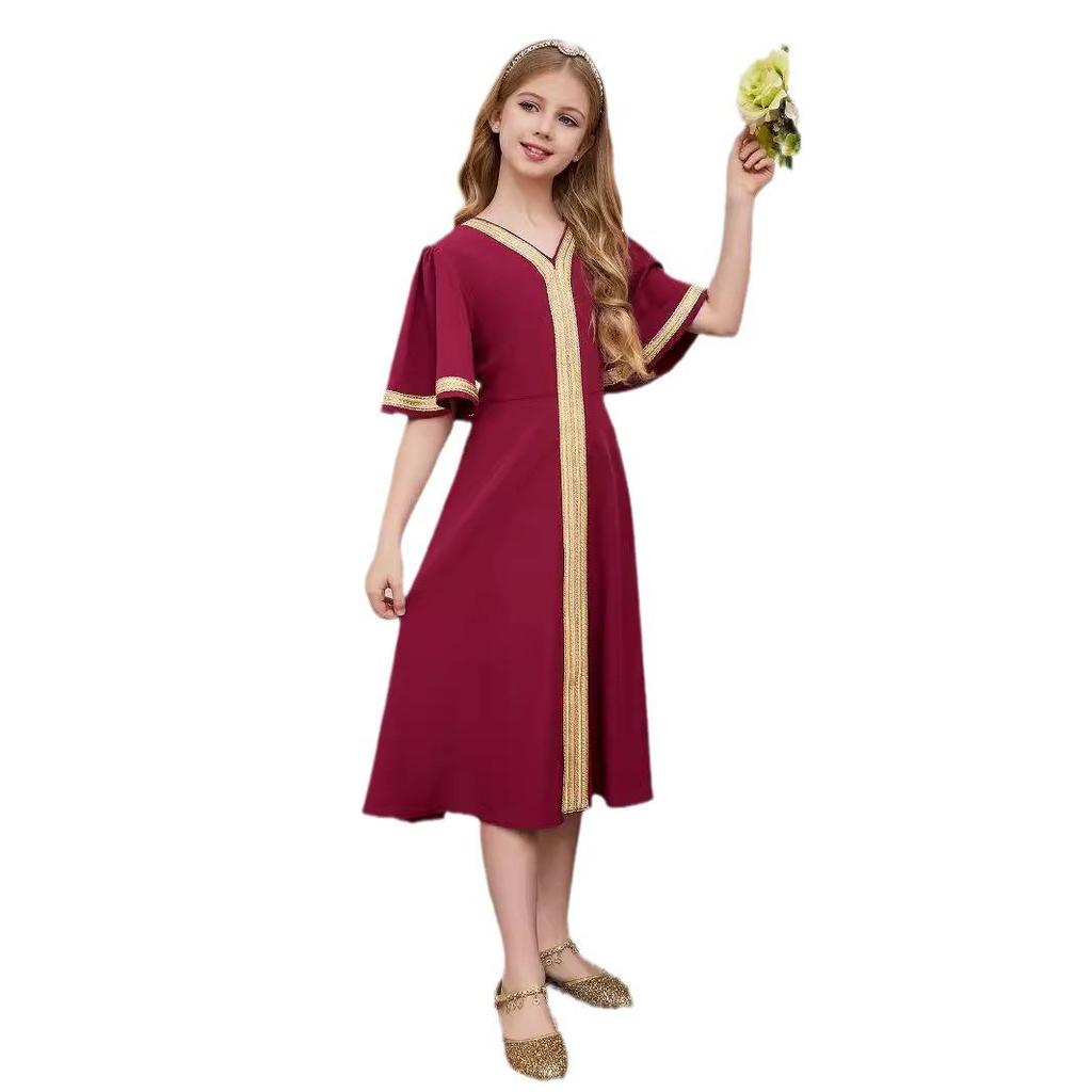 Children's Fashionable Middle Eastern Abaya with Golden Lace Trim