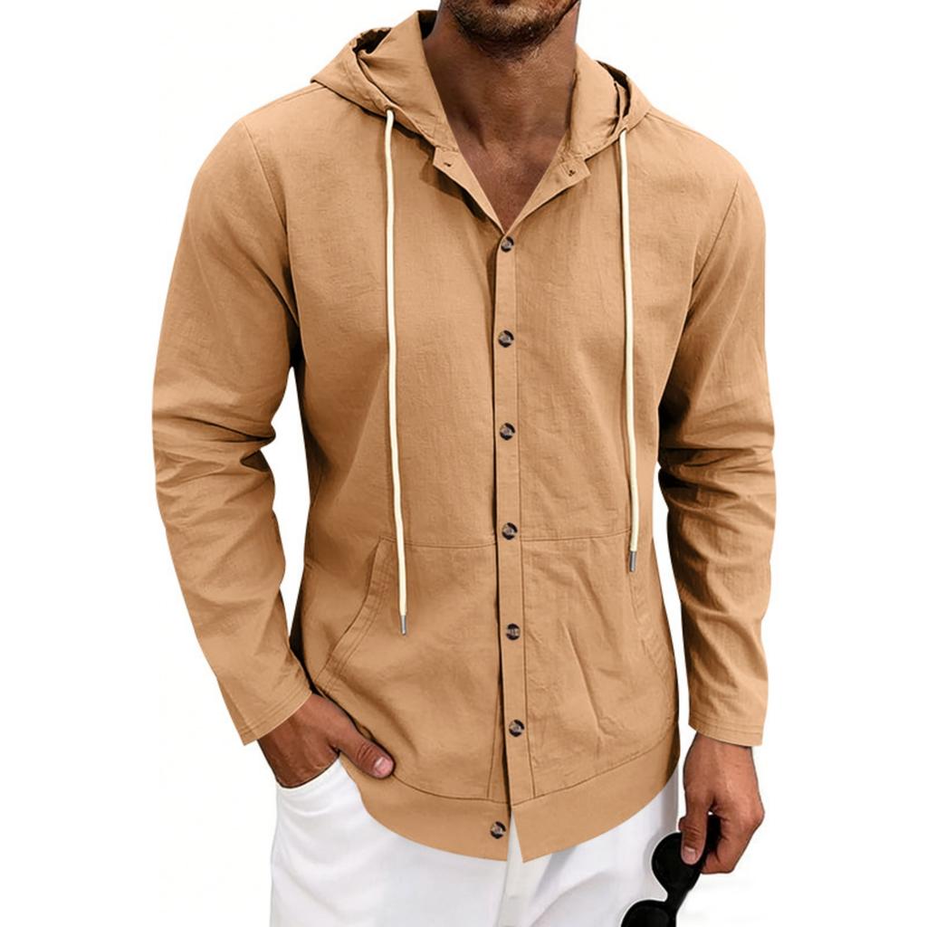 Men's Linen Casual Hooded Long Sleeve Cardigan Shirt for Beach Summer