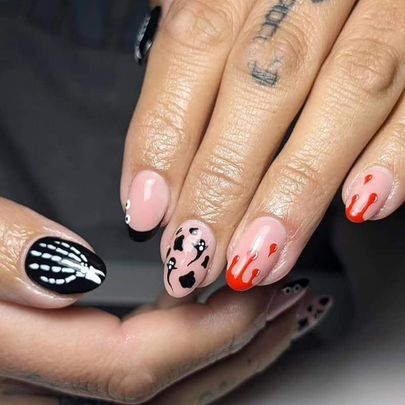 Press on Nails Halloween Square French Tip Fake Nails Mummy and Cobweb Designs Stick on Nail Nude Color Acrylic Nail Halloween Glue on Nails Full