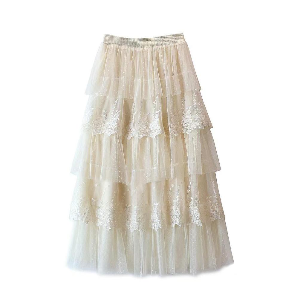 High-End Women's Layered Lace Mesh A-Line Skirt - Autumn/Winter Slimming Long Skirt