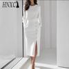 Women's Fashion Autumn Winter Solid Color Print Long Sleeve O-Neck Casual Dresses