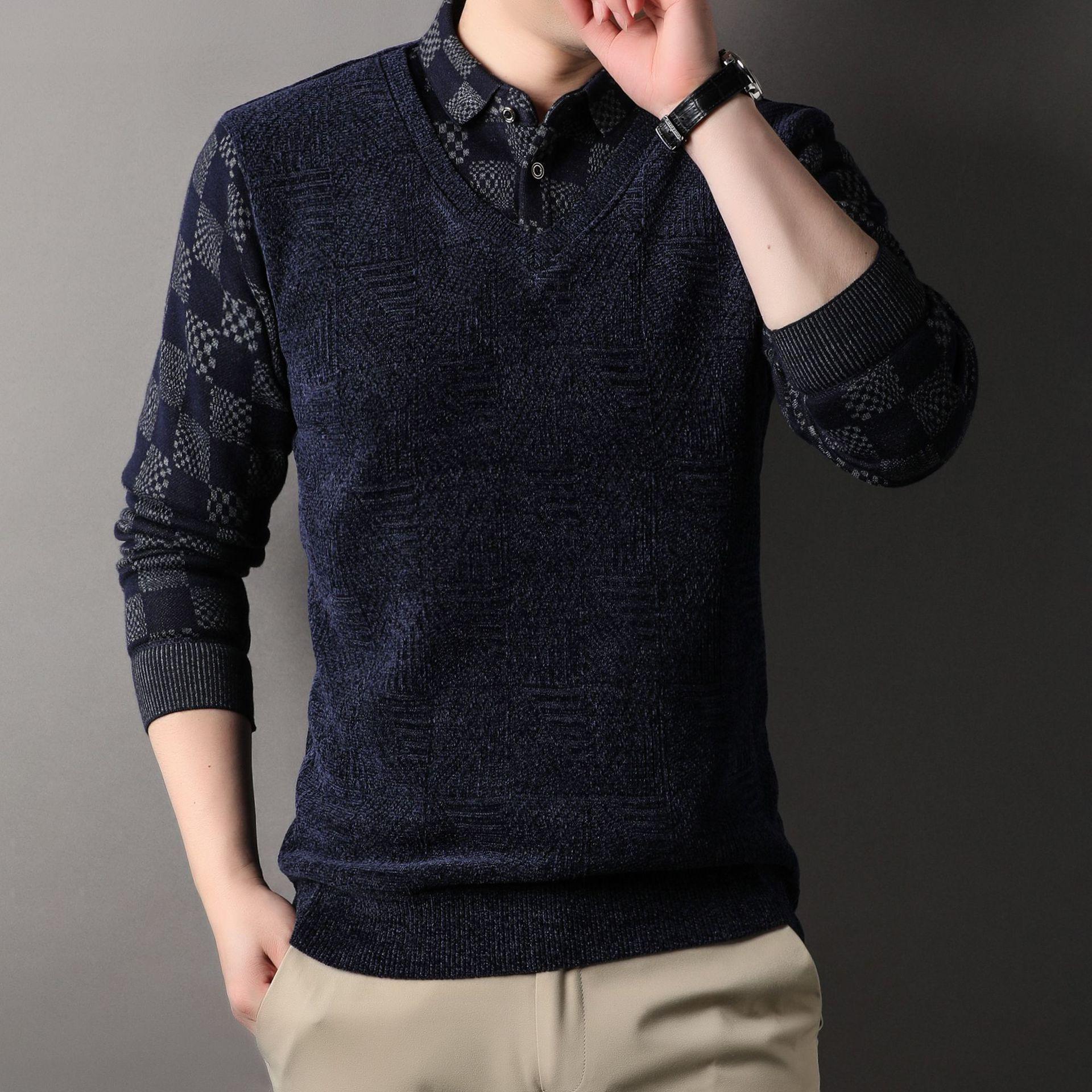

Winter Men s Velvet Sweater Fake Two-piece Warm Plaid Bottoming T-shirt Plus Velvet Thickening for Middle-aged and Elderly Dads M