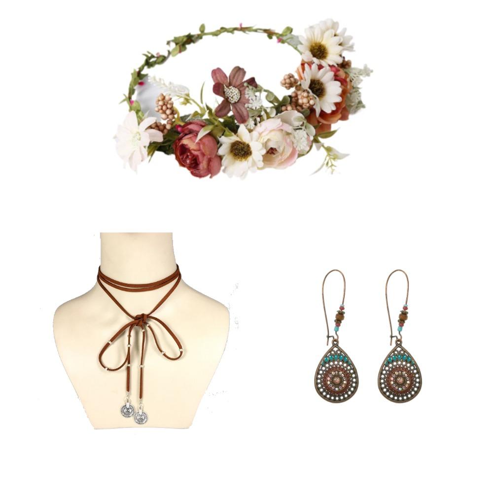 

3pcs Girl Flower Wreaths Hair Flower Crown Bridal Headband Fairy Princess Punk Velvet Long Pendant Women Earrings Boho Style Option 1