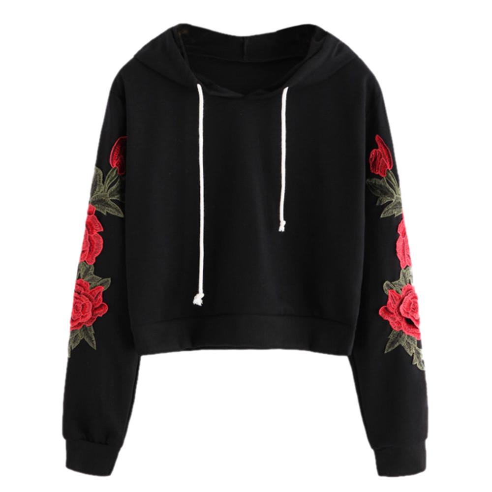 Women Applique Sweatshirt Long Sleeve Blouse Hooded Pullover Tops Shirt