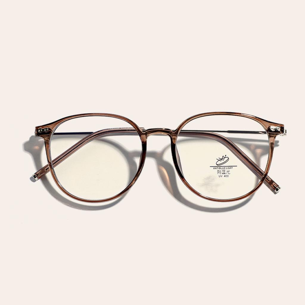 Semi-Metal Frame Round Retro Flat Mirror Women Brown Plain Glasses Men
