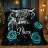 Personalized Highland Cow Blanket Black And Teal Rose Design Soft Fleece Throw Custom Name Farm Animal Art Home Decor Gift