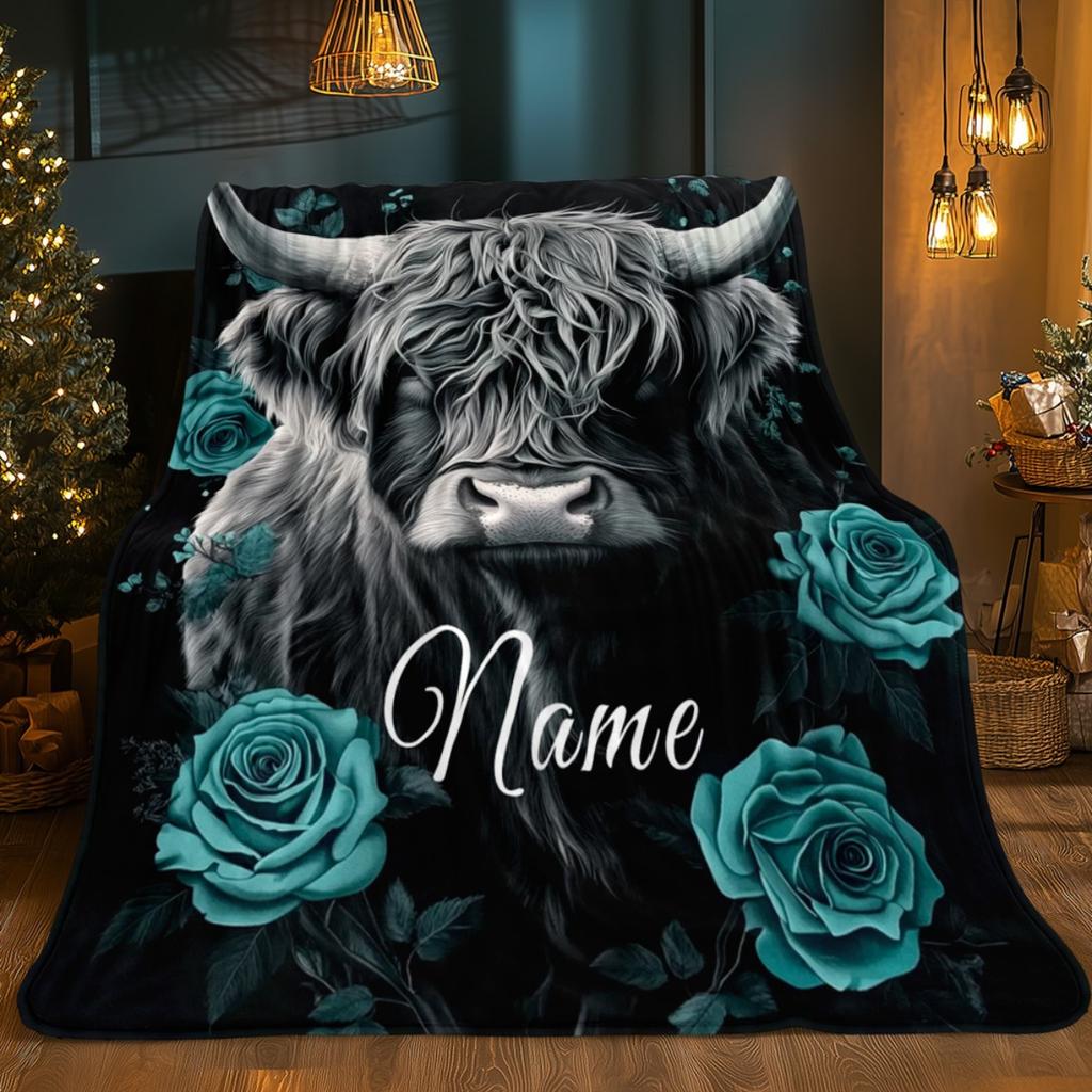 Personalized Highland Cow Blanket Black And Teal Rose Design Soft Fleece Throw Custom Name Farm Animal Art Home Decor Gift