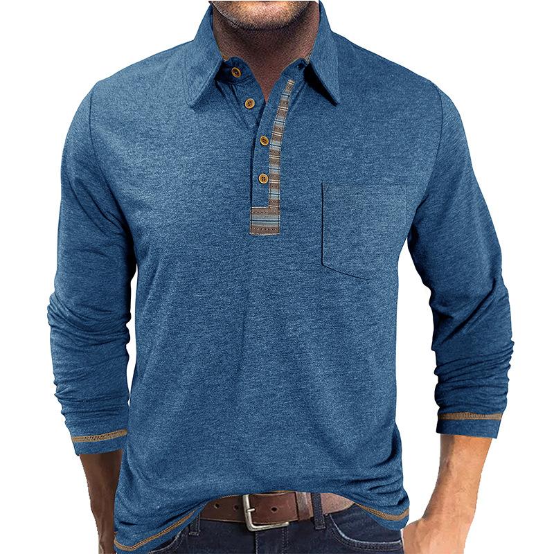 Men's Buttoned Lapel Colorful Cotton Long-sleeved POLO Shirt Casual Fashion Pocket Bottoming Top