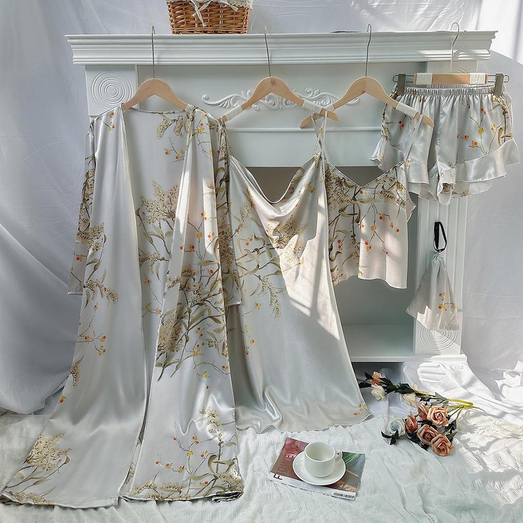 Damen-Pyjama-Set mit Kirschmuster: 5-teiliges dünnes Set mit Bademantel, Camisole, Shorts und Kleid