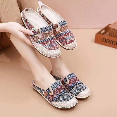 Women's Cloth Shoes Spring and Summer Flat Heel Ethnic Style Shallow Mouth Middle-Aged and Elderly Slip-on Lazy Shoes Closed-Toe Slippers Mom Shoes