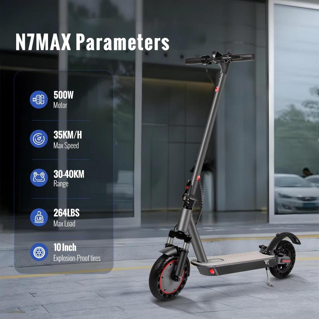 The N7MAX folding electric scooter is equipped with a 500W motor and a 36V 12.5Ah battery, with a maximum speed of 35KM/h
