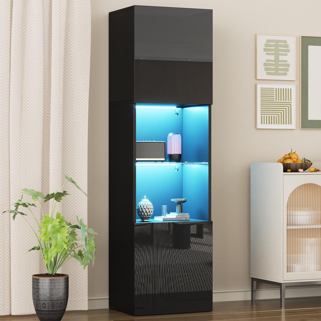 160cm, Glasvitrine Schwarz Hochglanz - Moderne Kommode viel Stauraum, Hochschrank Highboard, Schrank Wohnzimmer Küche Esszimmer Büro