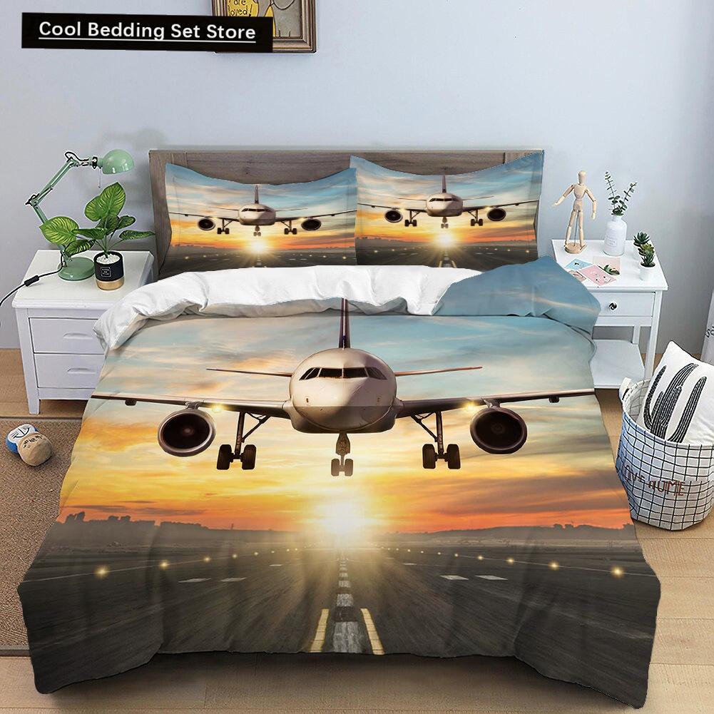 Airplane King Queen Full Duvet Cover Vintage Fighter Bedding Set for Kids Teens Adults Sky Clouds Grey 2/3pcs Soft Quilt Cover