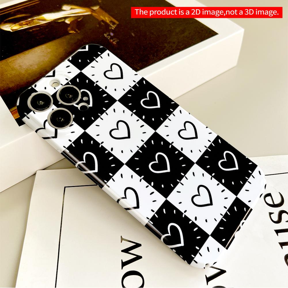Black and White Heart Checkerboard Pattern Phone Case All Inclusive Film Hard Phone Case, Compatible with iPhone 18 Pro Max 17 16 15 14 13 12 11