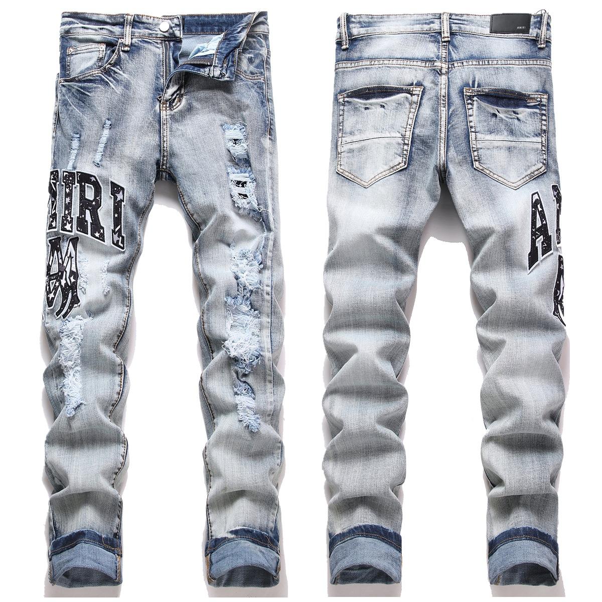 

Стиль Хай Стрит Бренд AMIRI Рваные Вышивка Зауженные Эластичные Мужские Джинсы 29
