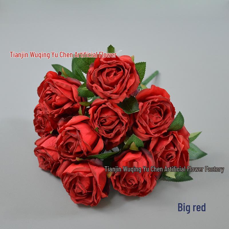 10-Head Burnt-Edge Rose Bouquet: Artificial Silk Flowers for Living Room Decor, Dining Table Arrangement, and Bridal Bouquets. Flower Diameter Approx. 7cm