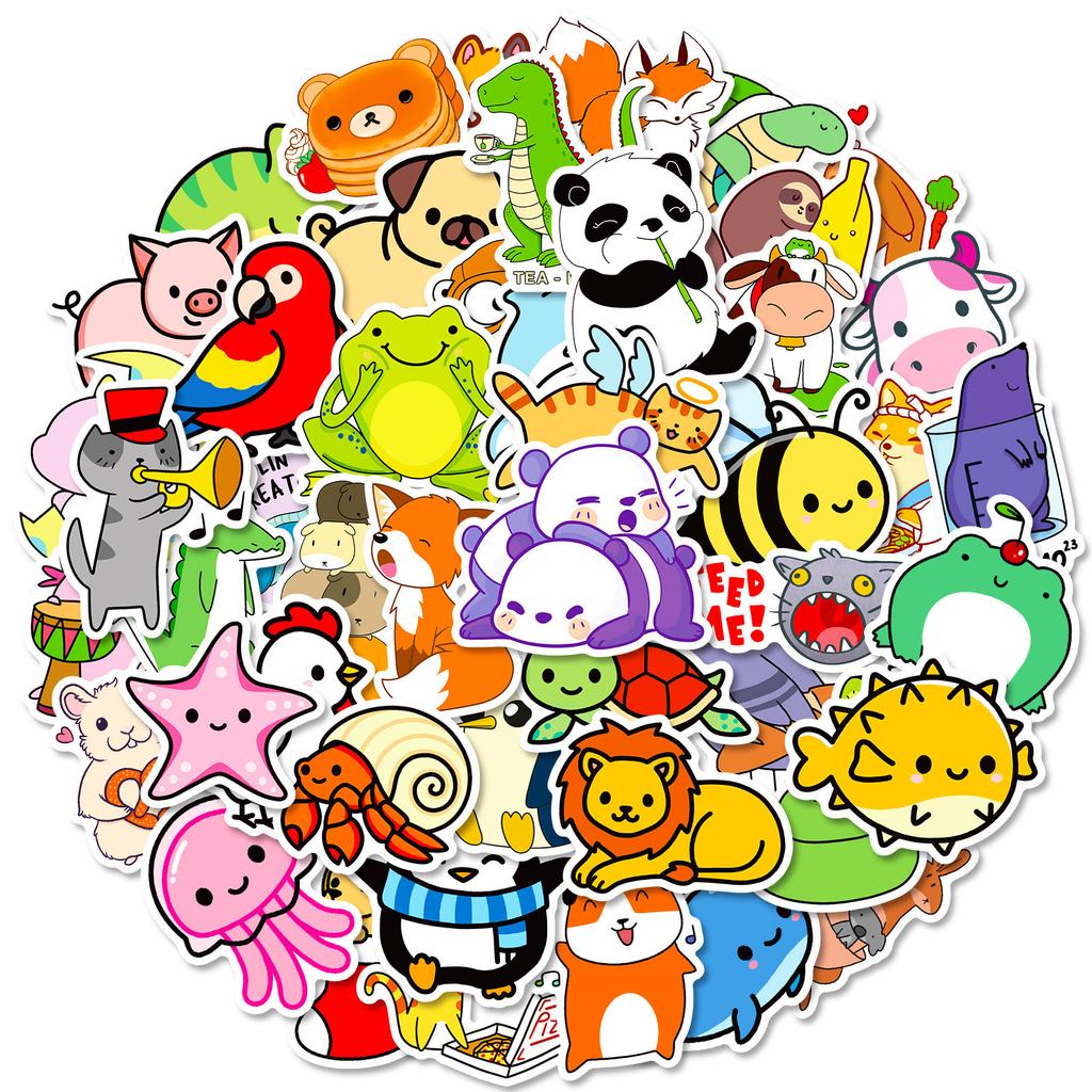 50 Cute Animal Series Stickers, Children'S Educational Cartoons Simplified Wind Small Animal Stickers Luggage