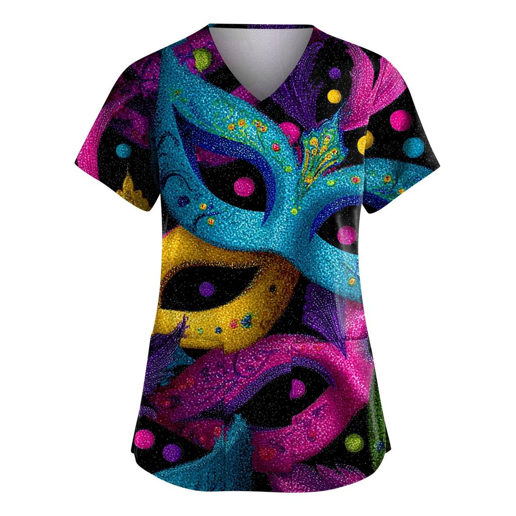 Women's Fashion V-Neck Short-Sleeved Workwear With Pockets Carnival Print Top Caregiver Uniform