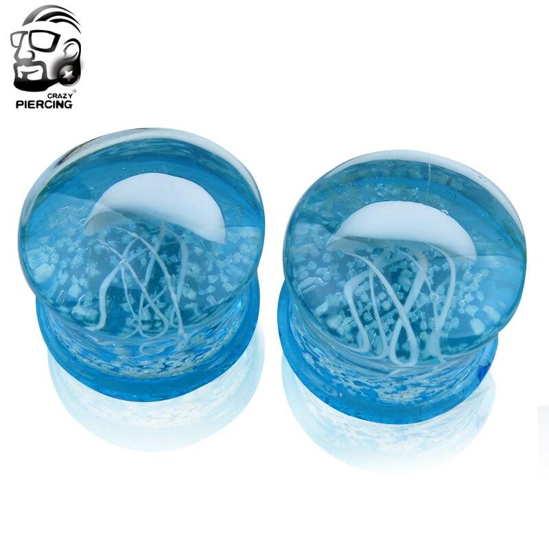 1 çift Moda Delici Çift Cam Çift Flared Beyaz Denizanası Kulak Tıkaçları Saydam Parlak Göl Mavi Okyanus