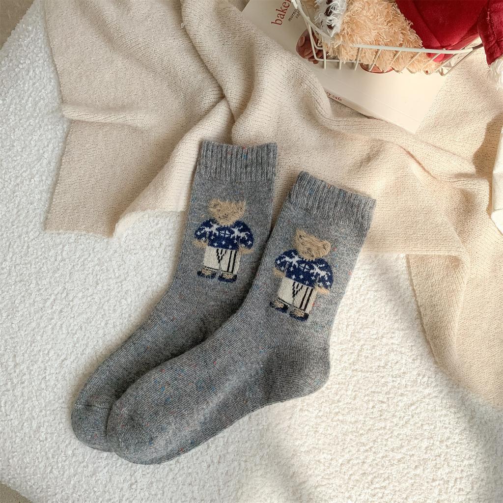 Thick Wool Mid-calf Socks for Autumn and Winter, Retro Dot Yarn, Fluffy Little Bear Long Socks, Warm and Cute Cartoon Trendy Socks
