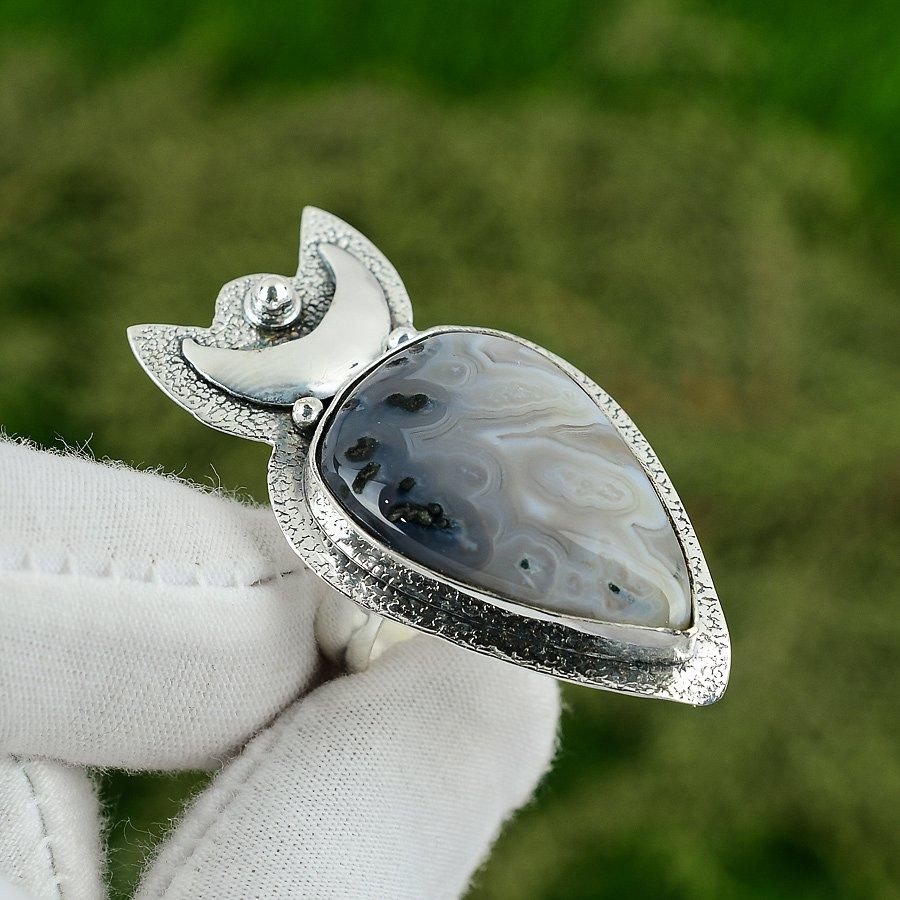 Natural Crazy Lace Agate 925 Silver Promise Artisan Crescent Moon Ring Jewelry Adjustable