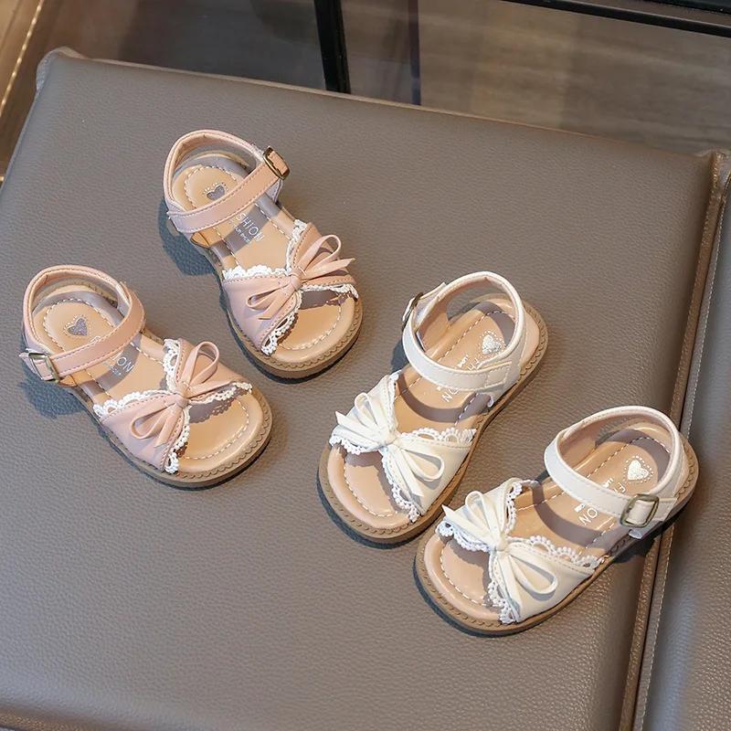 Sandalias de Princesa con Lazo de Encaje Lindas para Niñas Nuevas para Niños Pequeños Zapatos de Playa de Verano con Suela Blanda Talla 22-31