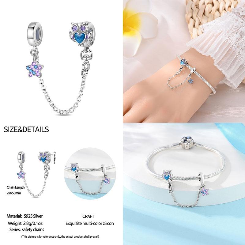 Original 100% 925 Silver Star Moon Safety Chain Fit 925 Original Bracelet & 3mm Bracelet DIY Jewelry Making Women Gift