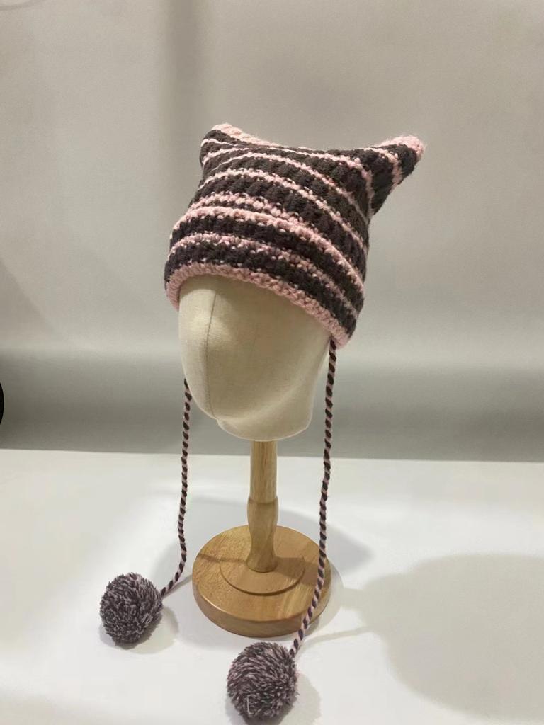 Japanese Little Devil Striped Hairball Knitted Wool Hat Children Autumn And Winter Cat Ears Cute Funny Pullover Hat