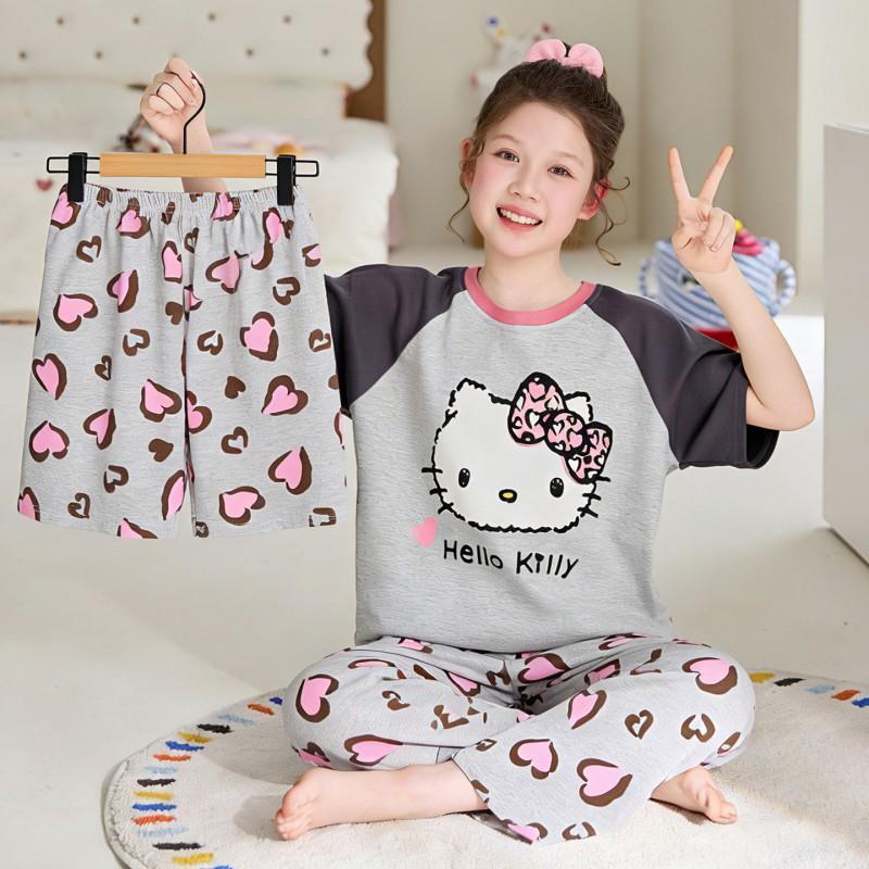 2026 Cotton Pajama Set Girls Short Sleeve Thin Sleepwear Sweet Cartoon Print Kids Home Outfit